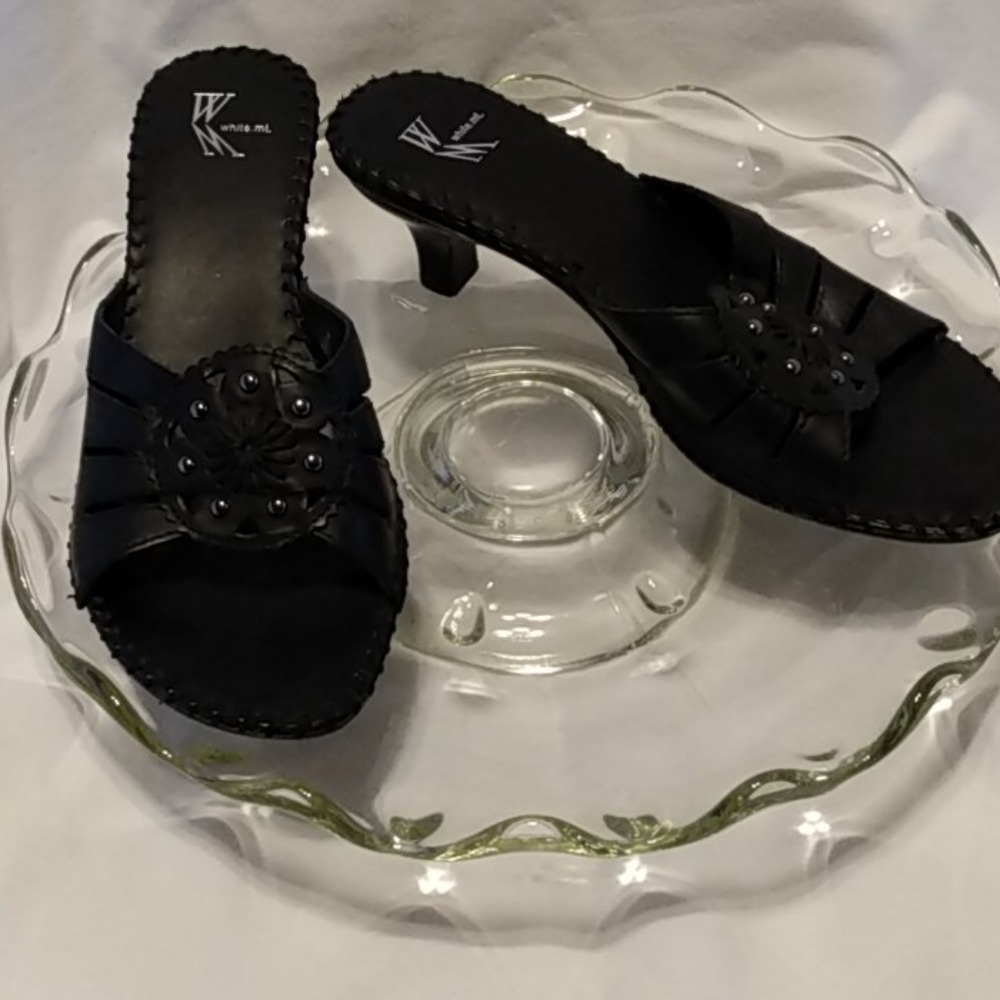 White Mountain Black‎ Leather Floral Embellished Slide Heeled Sandals Size 7